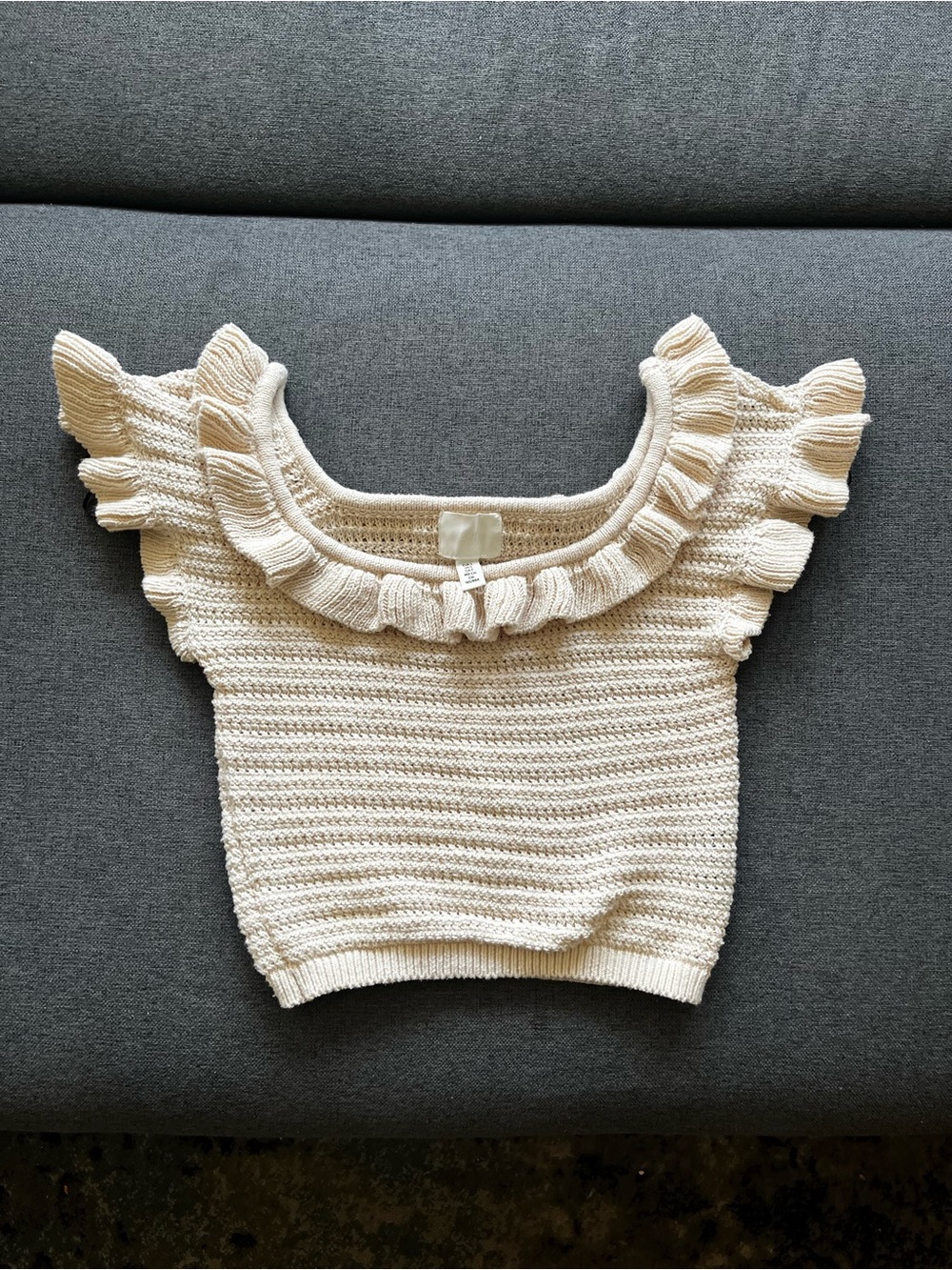 Cream Ruffle Open Knit Crop Top Women Small H&M ivory ecru